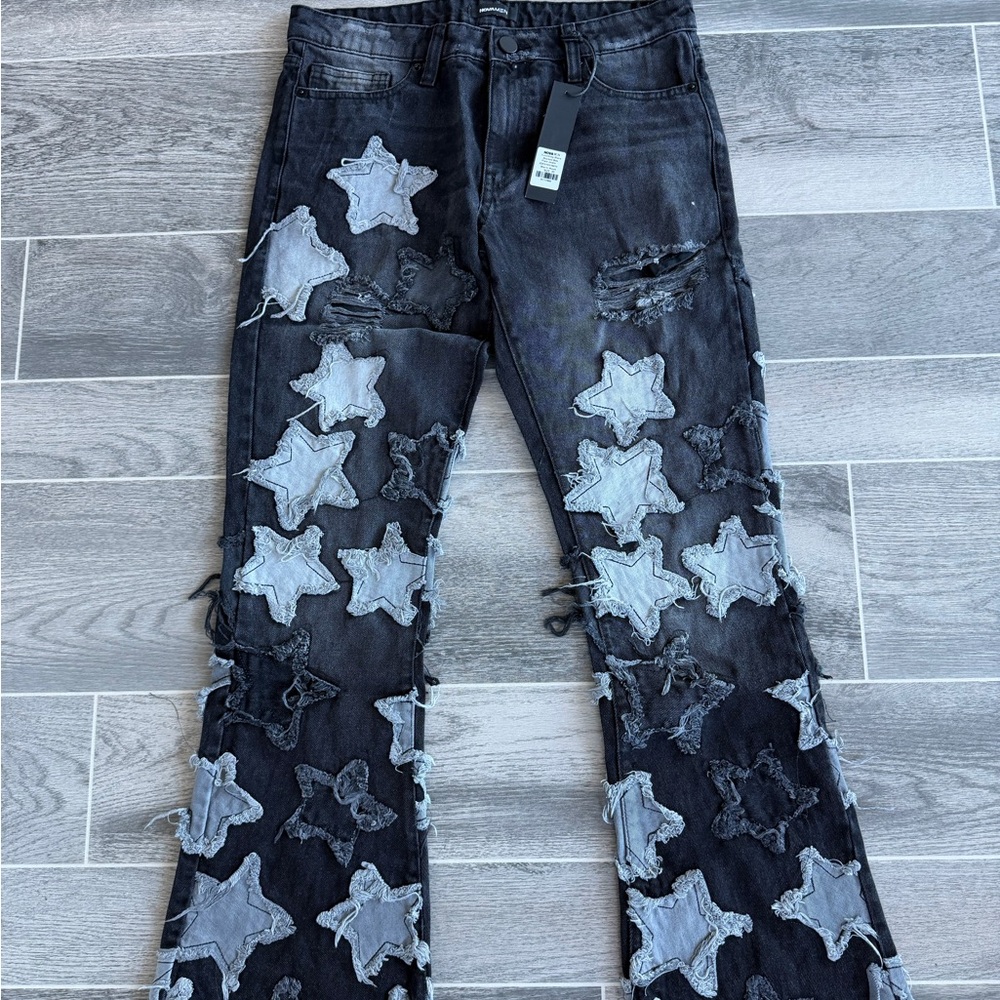 Fashion Nova Black and Gray Star Flare Jeans